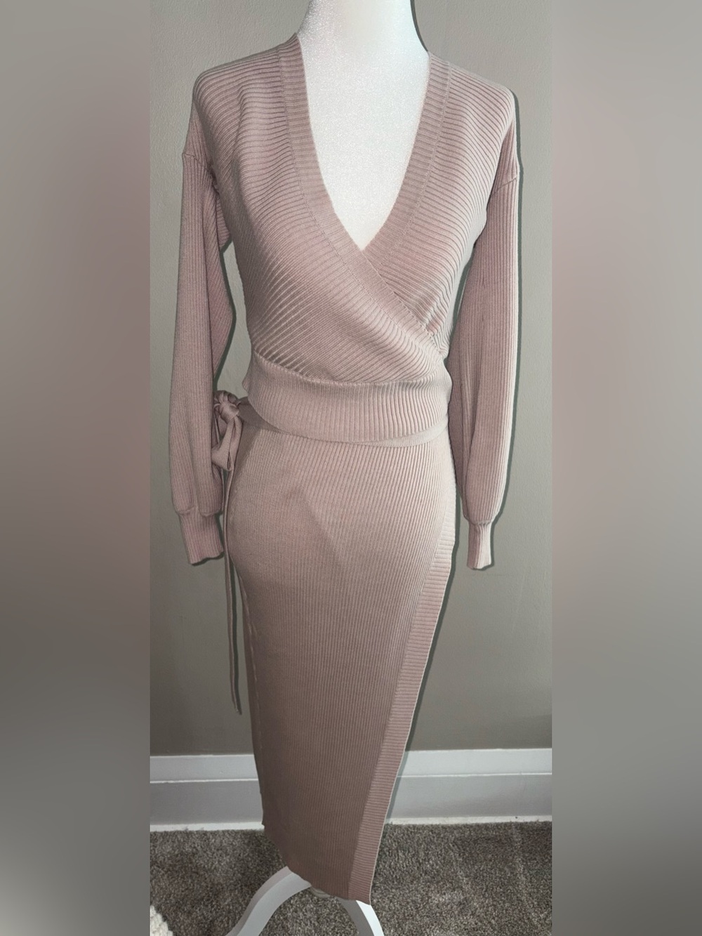 Skylar Rose - Wrap Rib-Knit Skirt Set in Dusty Beige